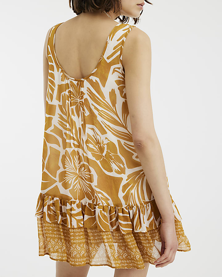 Orange Sleeveless Floral Print Mini Dress