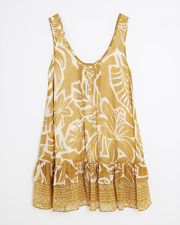Orange Sleeveless Floral Print Mini Dress