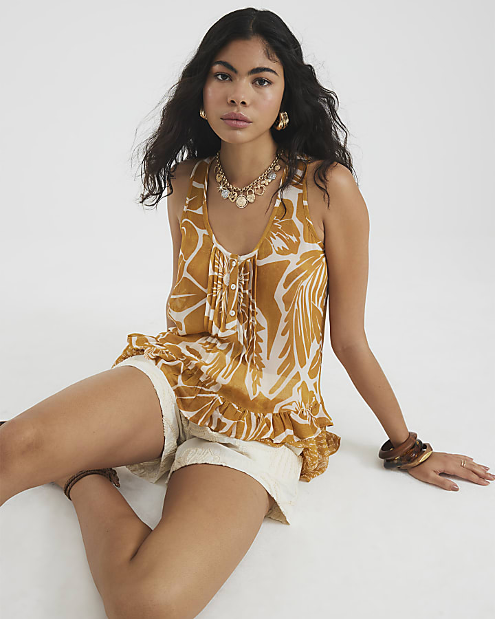 Orange Sleeveless Floral Print Cami Top