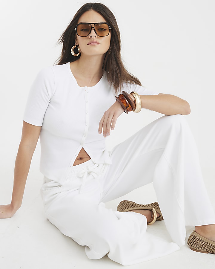 White Short Sleeve Ribbed Button Through Top