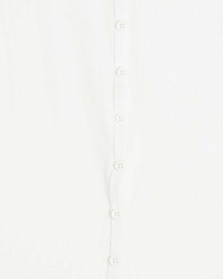 White Short Sleeve Ribbed Button Through Top