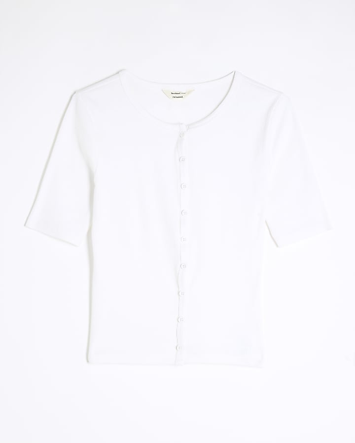 White Short Sleeve Ribbed Button Through Top