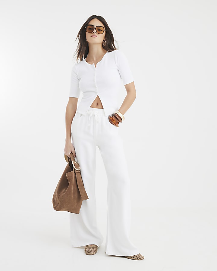 White Short Sleeve Ribbed Button Through Top
