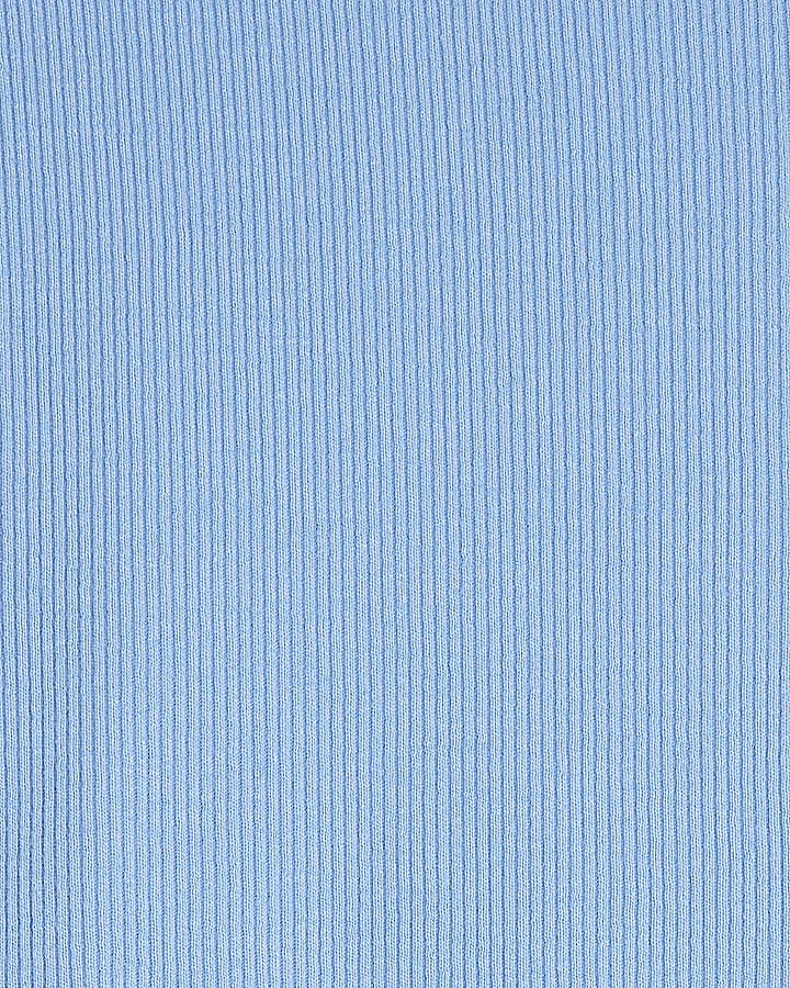 Blue Short Sleeve Ribbed Button Through Top