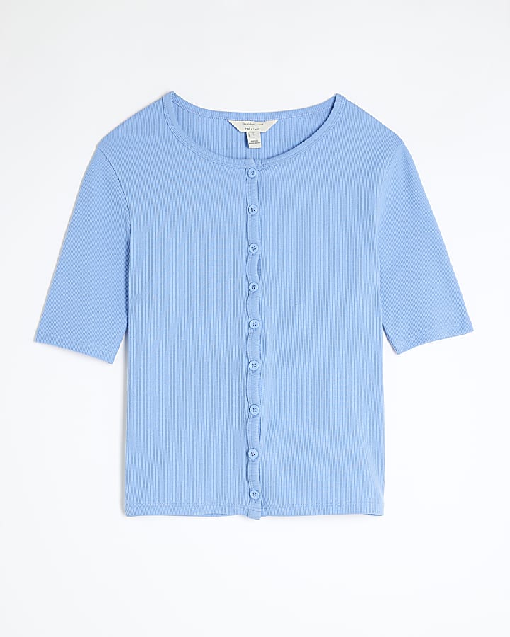Blue Short Sleeve Ribbed Button Through Top
