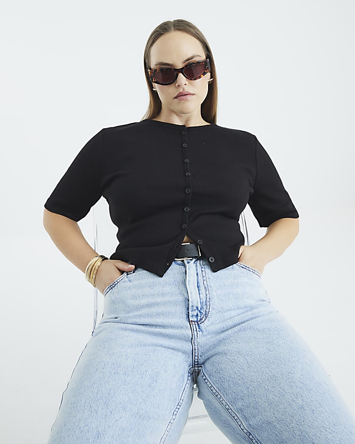 Black Short Sleeve Ribbed Button Through Top
