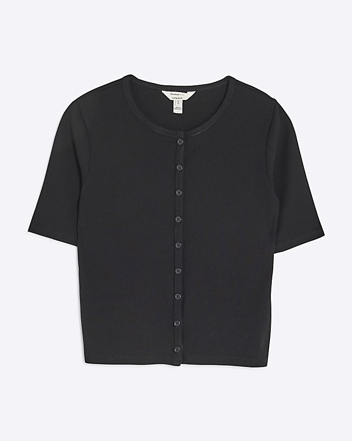 Black Short Sleeve Ribbed Button Through Top