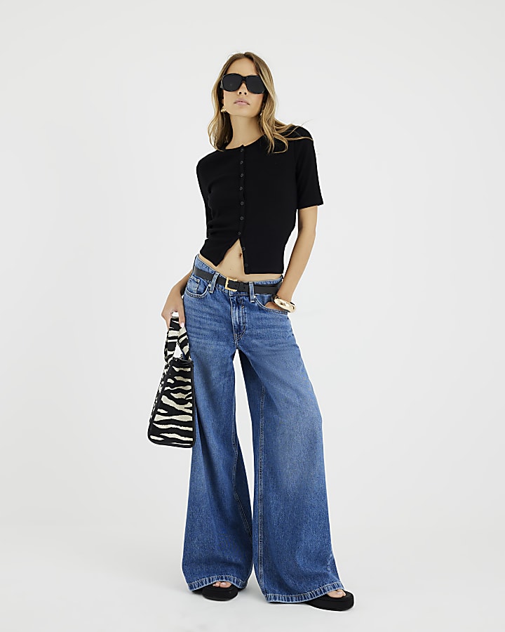 Black Short Sleeve Ribbed Button Through Top