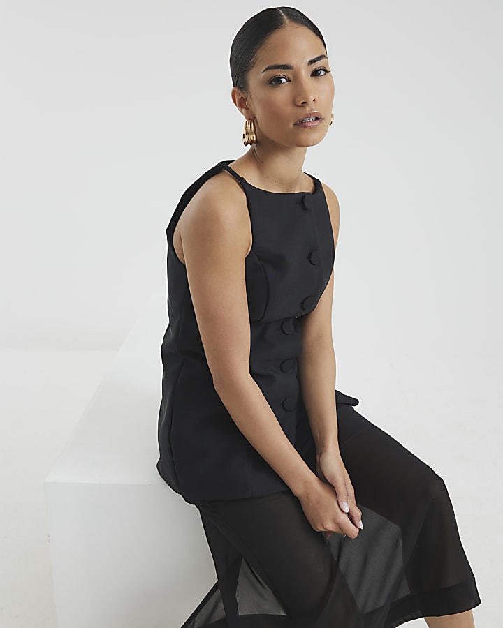 Petite Black Square Neck Strappy Waistcoat