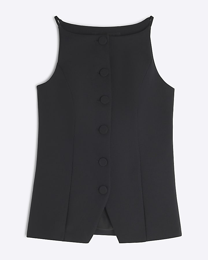 Petite Black Square Neck Strappy Waistcoat