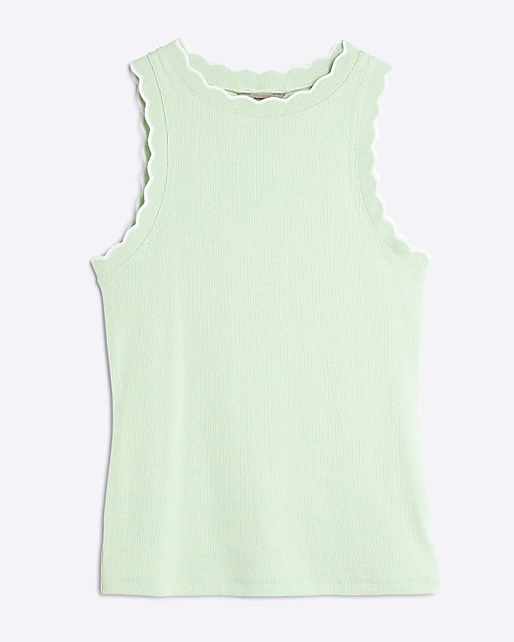 Green Sleeveless Scallop Trim Tank Top