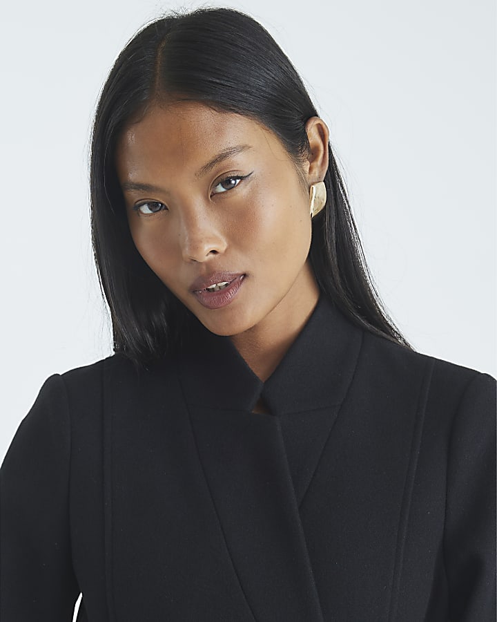 Petite Black Notch Collar Belted Wrap Coat