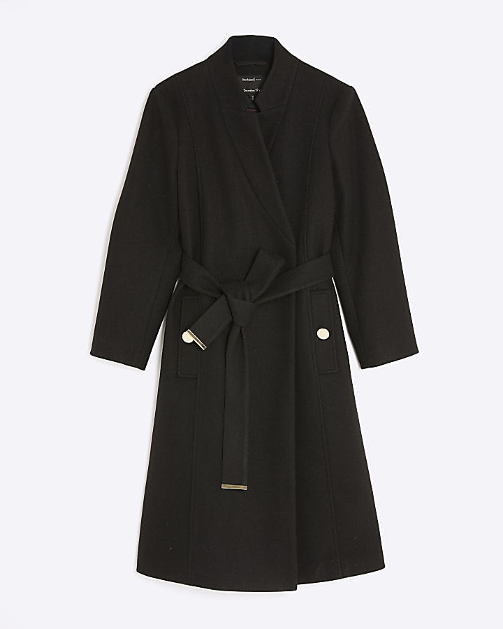 Petite Black Notch Collar Belted Wrap Coat