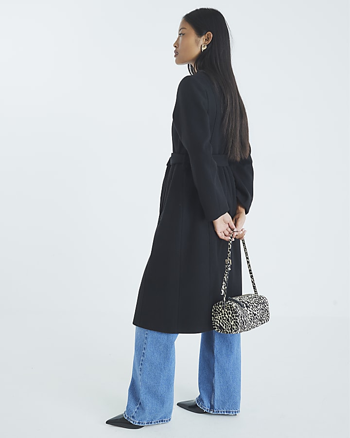Petite Black Notch Collar Belted Wrap Coat
