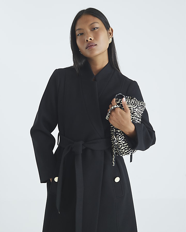 Petite Black Notch Collar Belted Wrap Coat