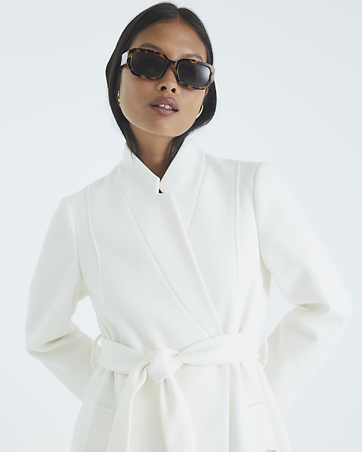 Petite Cream Notch Collar Belted Wrap Coat