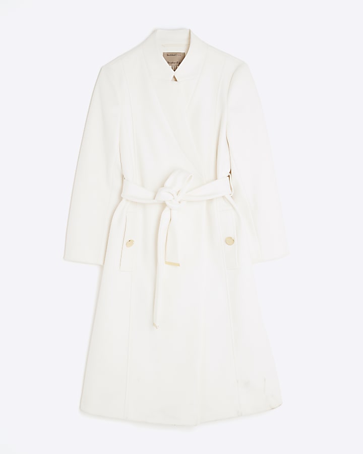 Petite Cream Notch Collar Belted Wrap Coat