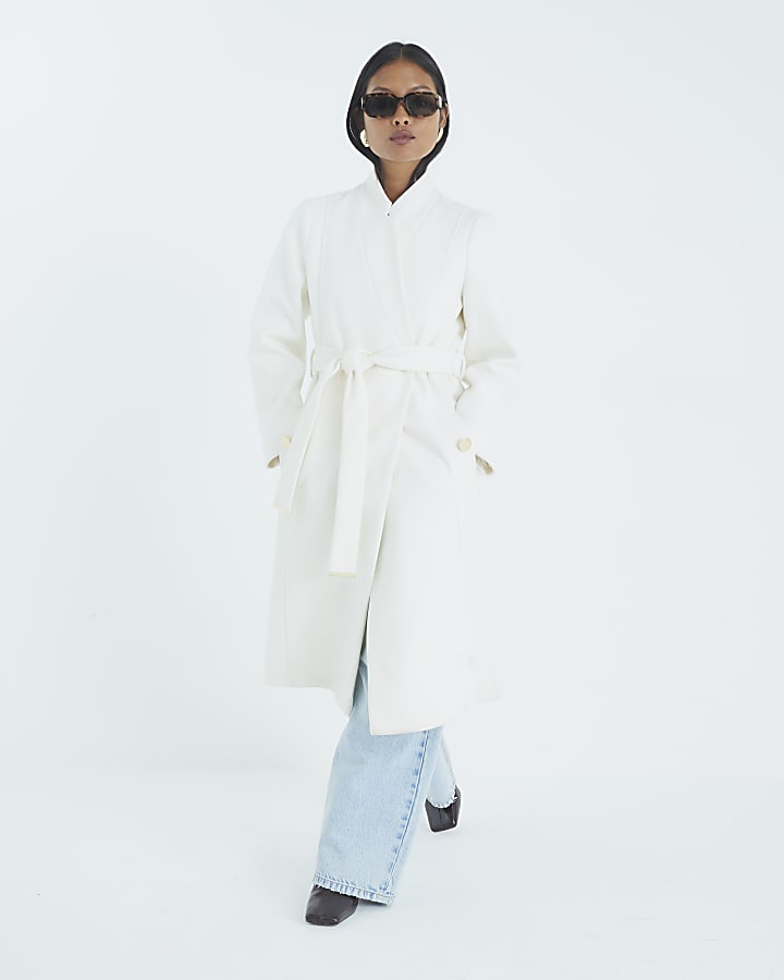Petite Cream Notch Collar Belted Wrap Coat