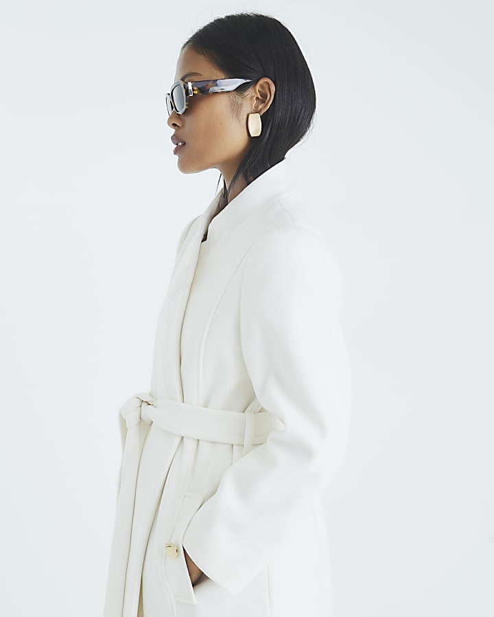 Petite Cream Notch Collar Belted Wrap Coat