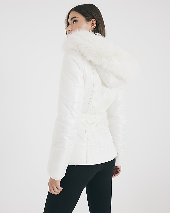 Cream Slim Faux Fur Hooded Padded Coat