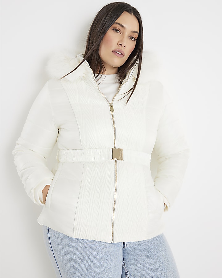 Cream Slim Faux Fur Hooded Padded Coat