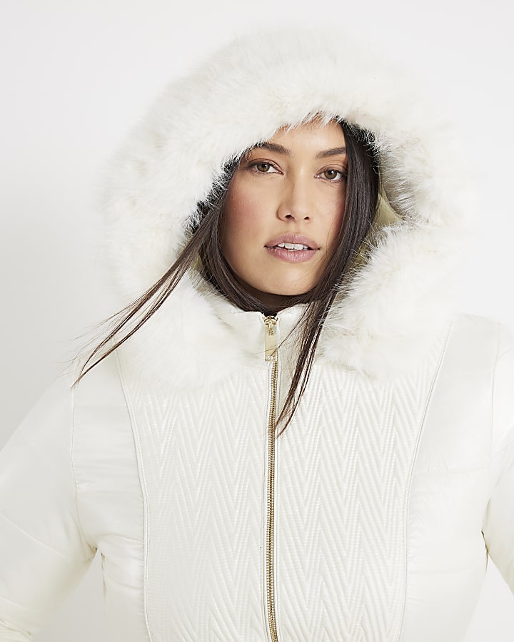 Cream Slim Faux Fur Hooded Padded Coat