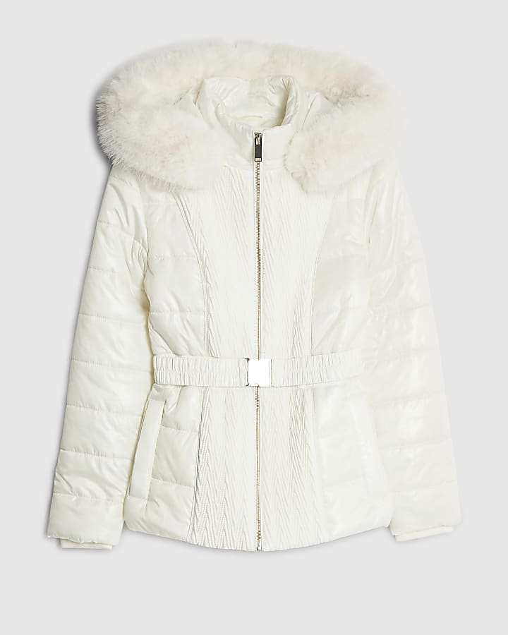 Cream Slim Faux Fur Hooded Padded Coat