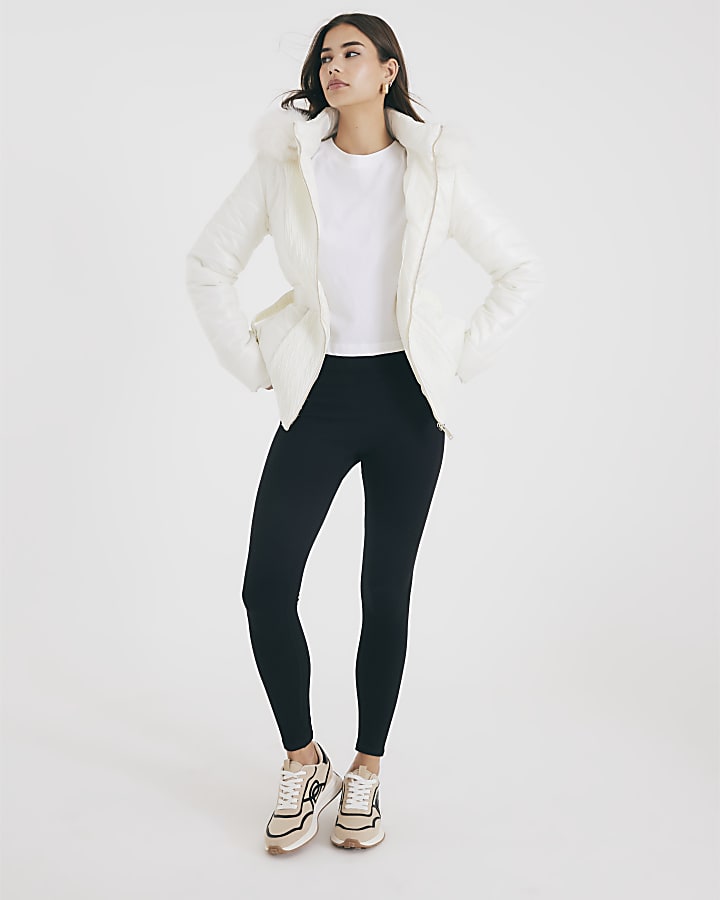 Cream Slim Faux Fur Hooded Padded Coat