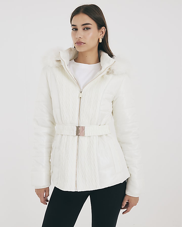 Cream Slim Faux Fur Hooded Padded Coat