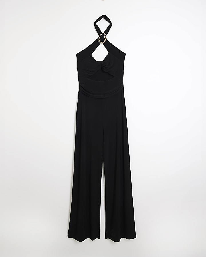 Black Halter Neck Cut Out Trimmed Jumpsuit