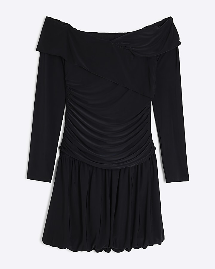 Black Bardot Bubble Hem Mini Dress