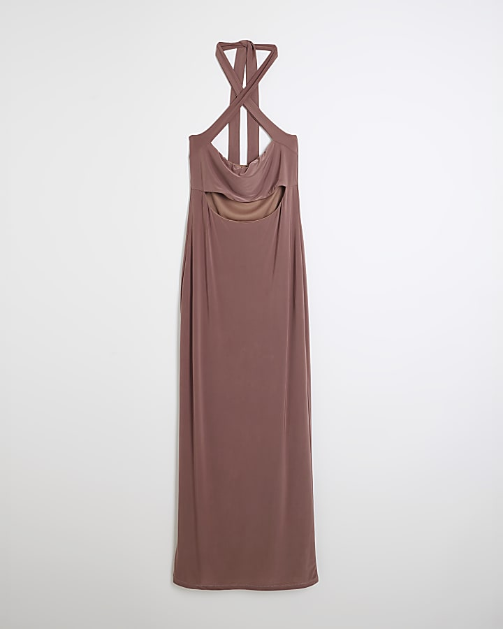 Brown Cut Out Bodycon Halter Neck Midi Dress