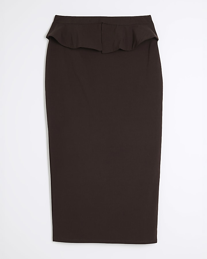 Brown Frill Waist Midi Skirt