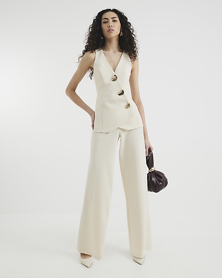 Cream Asymmetric Waistcoat Hybrid Jumpsuit