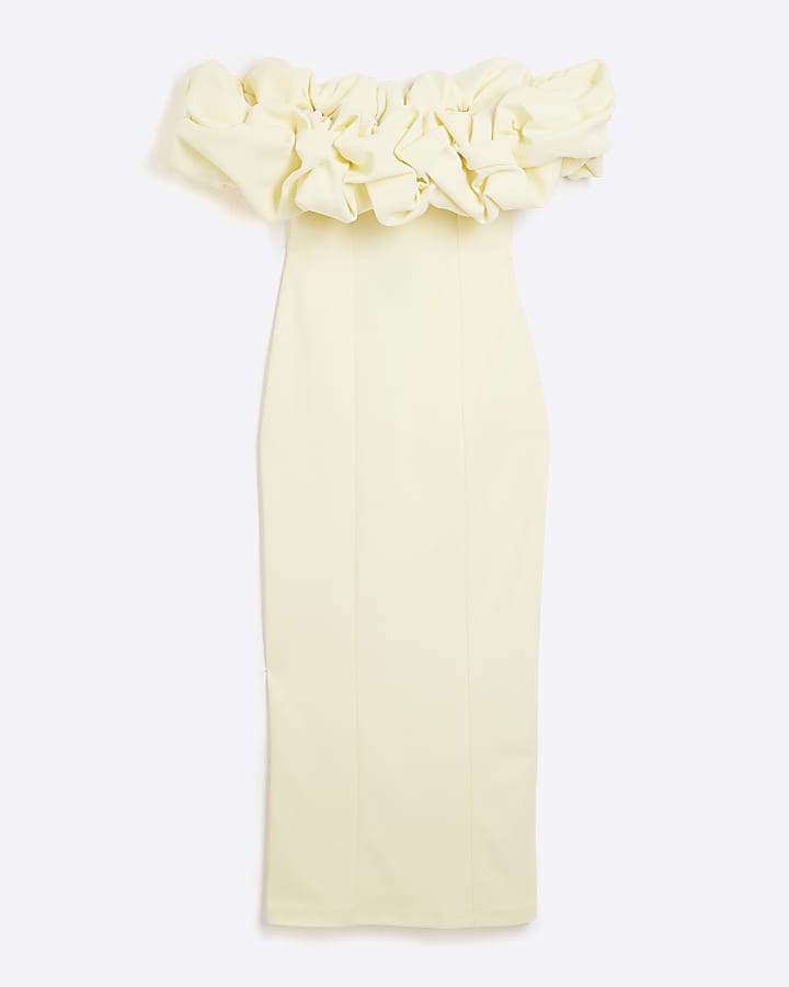 Yellow Ruffle Bardot Midi Dress