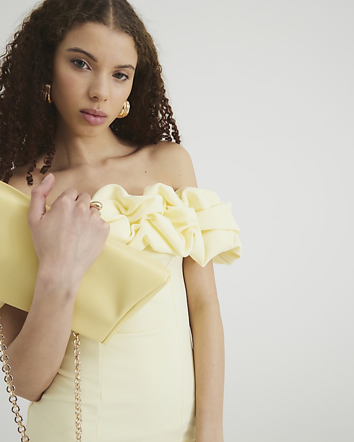 Yellow Ruffle Bardot Midi Dress