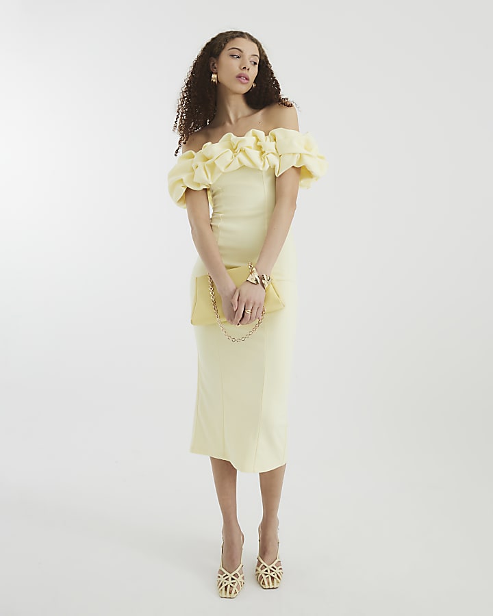 Yellow Ruffle Bardot Midi Dress