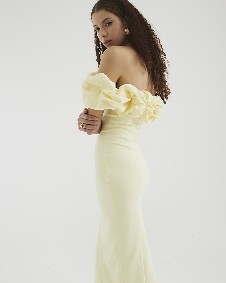 Yellow Ruffle Bardot Midi Dress