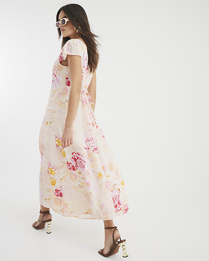 Pink Lace Angel Sleeve Floral Midi Dress