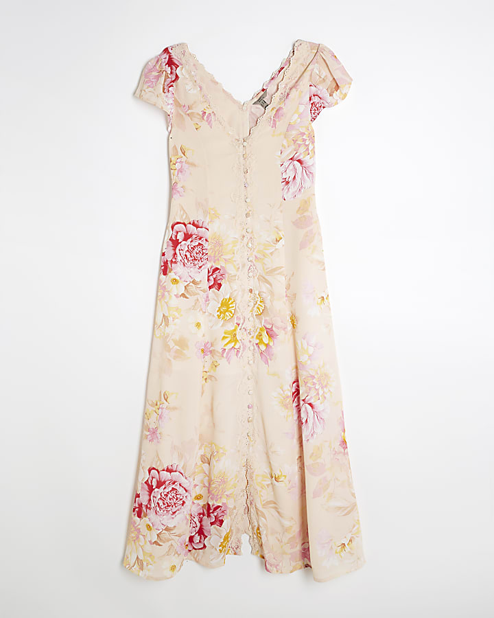 Pink Lace Angel Sleeve Floral Midi Dress