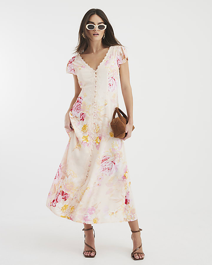 Pink Lace Angel Sleeve Floral Midi Dress