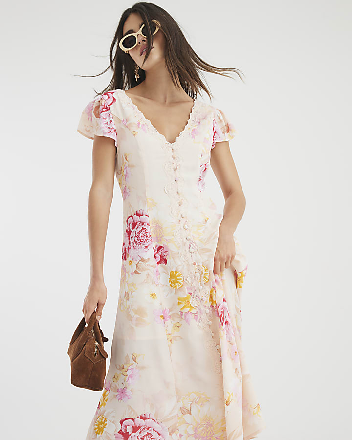 Pink Lace Angel Sleeve Floral Midi Dress