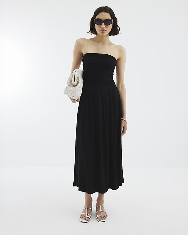 Black Drape Bandeau Midi Dress