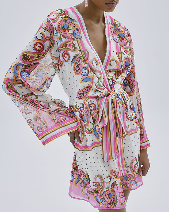 Pink Long Sleeve Tie Front Printed Mini Dress