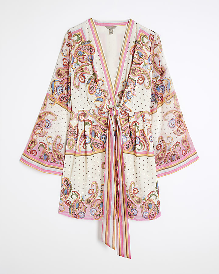 Pink Long Sleeve Tie Front Printed Mini Dress