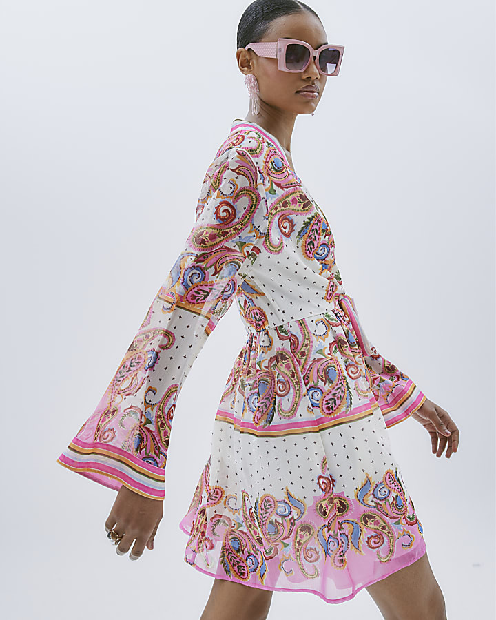 Pink Long Sleeve Tie Front Printed Mini Dress