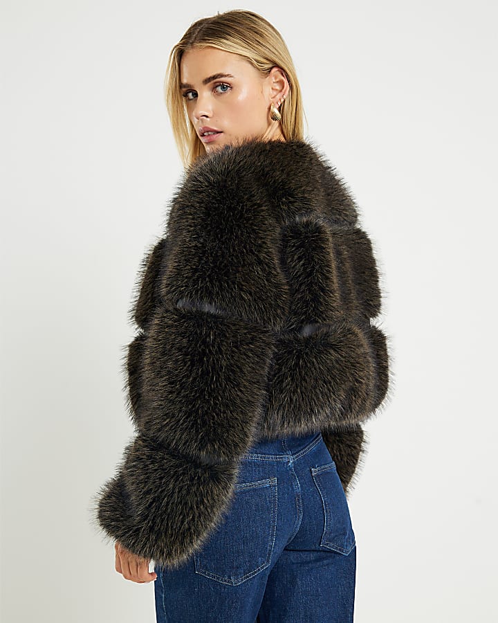 Petite Brown Faux Fur Panelled Coat