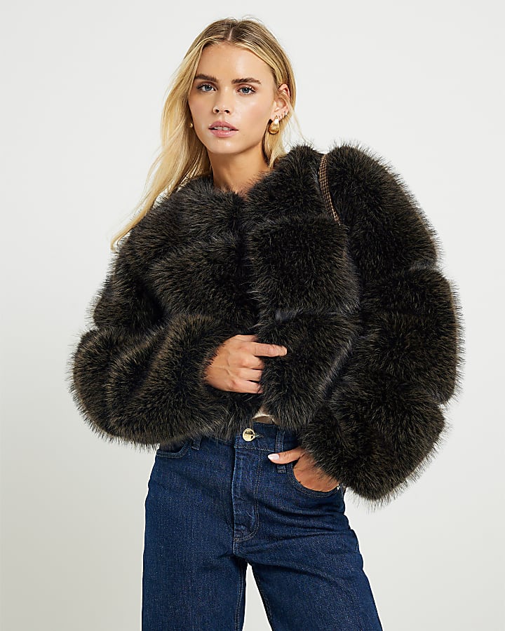 Petite Brown Faux Fur Panelled Coat