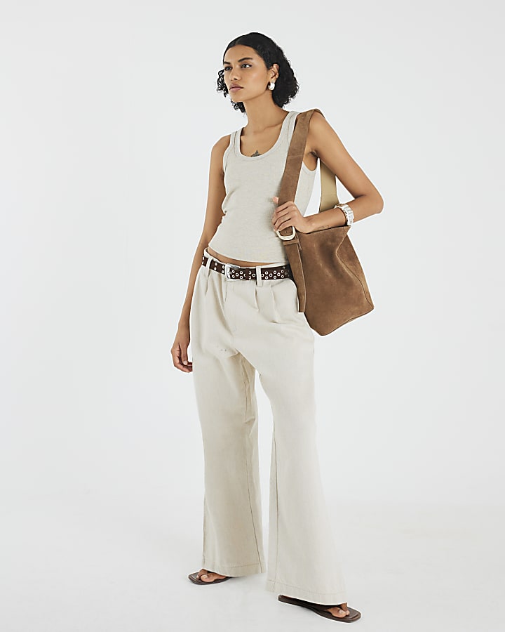 Beige Sleeveless Ribbed Tank Top