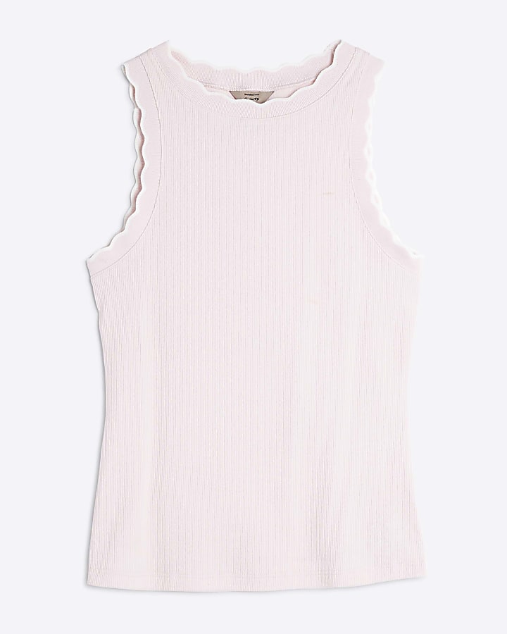 Pink Sleeveless Scallop Trim Tank Top